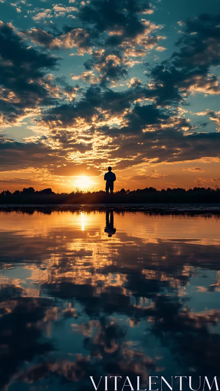 Silhouette dreamer stitched between mirrored sunset worlds.