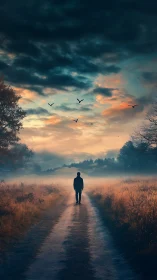 Soft dawn light welcomes a lone walker on a misty country path