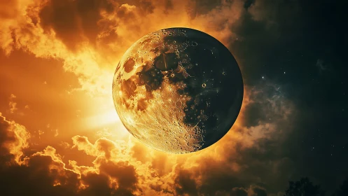 Lunar ember eclipsed in molten sunrise cloudfire glow.