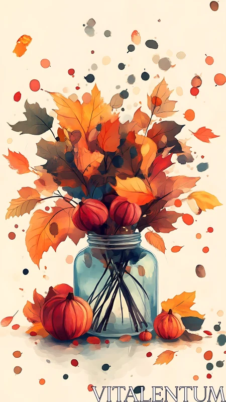 Autumn foliage bouquet in glass jar with scattered watercolor splatters