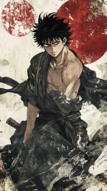 Brooding anime swordsman stands against weathered red suns