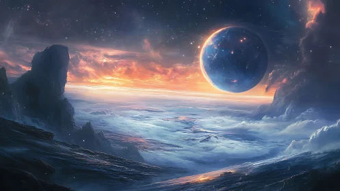 Celestial iceworld horizon under glowing blue planet sphere.