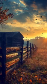 Rustic barn fence under golden sunrise sky with birds.