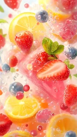 Digital painting of citrus berry splash with frozen core focus.