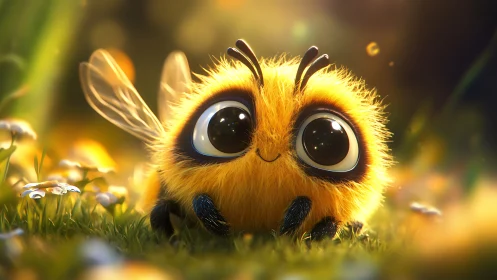 Sunlit fuzzball bee pauses to beam at the tiny meadow