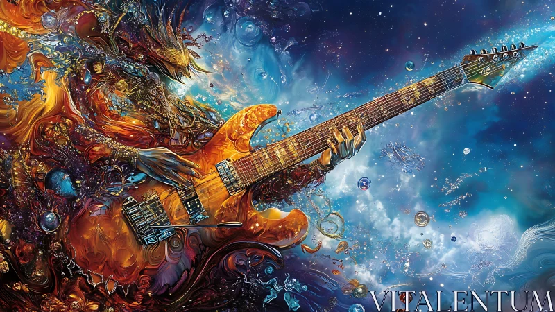 Fractal cosmic guitarist renders molten electric guitar in nebula