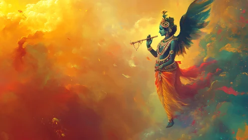 Winged celestial musician drifting through molten skies.