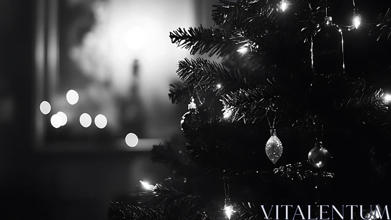 Monochrome image shows illuminated ornaments on tree