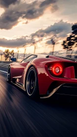 Red supercar races into sunset on dramatic track scene.