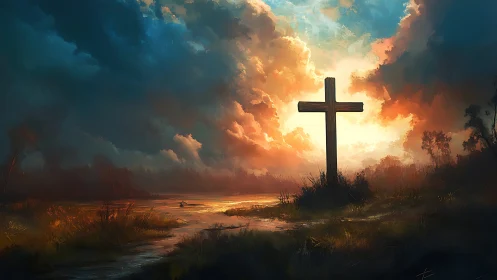 Sunlit wooden cross rises over dramatic stormlit marsh.