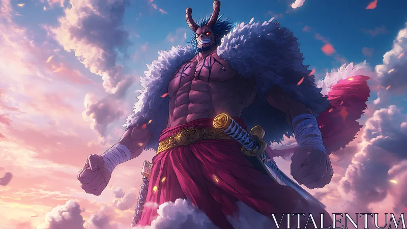 Sky-towering warrior stands boldly wrapped in golden light