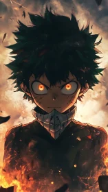 Intense anime hero framed by embers in dramatic close-up