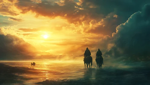 Riders on horseback cross misty water toward vivid sunset.