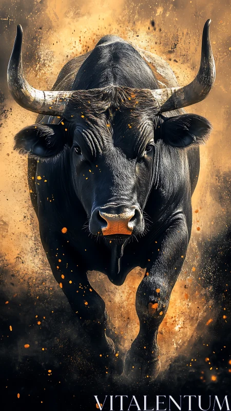 Black bull in forward motion against abstract dust field.
