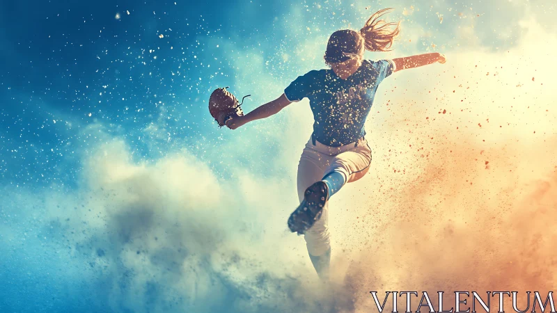 Softball player sliding through dust in dynamic motion.