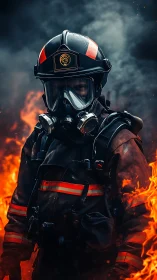 Firefighter in Full Protective Gear Against Raging Inferno.
