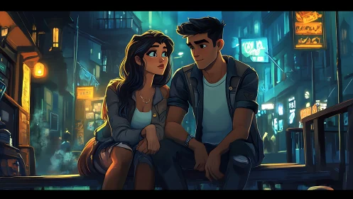 Neon lit urban alleyway with contemplative couple on railing