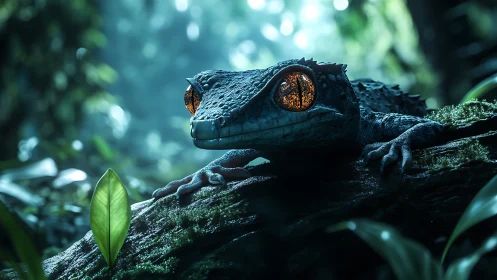 Bioluminescent-eyed gecko rendered with hyperreal jungle optics.