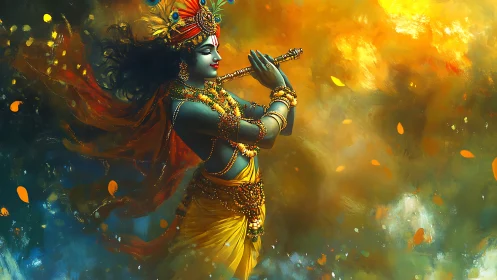 Divine flute player in ornate attire against abstract field.