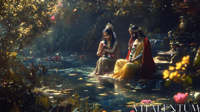 Gentle riverbank moment with two serene divine figures.