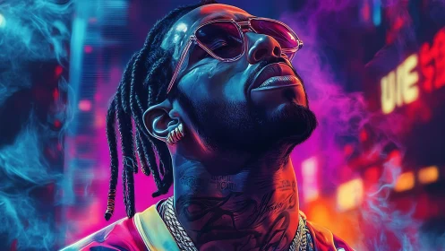 Neon lit portrait of tattooed man in sunglasses at night.