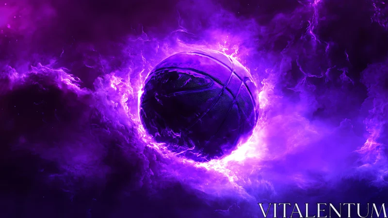 Glowing purple basketball floats inside bright nebula cloud