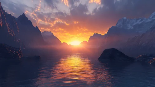 Sunset over mountain fjord with reflective water surface.