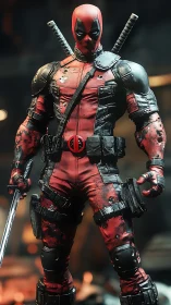 Masked red-suited combat figure stands in worn tactical gear