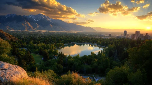 Urban lake, forested park, and distant mountains at sunset.