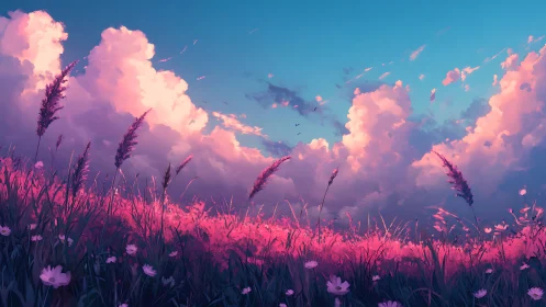 Pink grass field extends under voluminous clouds at sunset