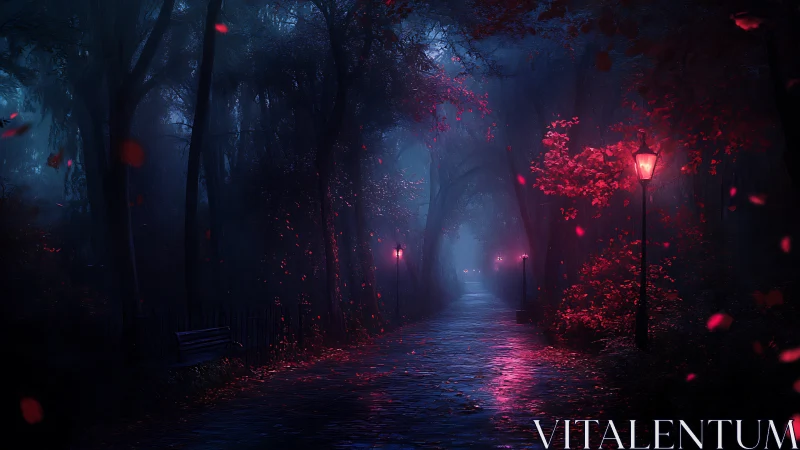 Moody night forest path lit by red glowing street lamps.