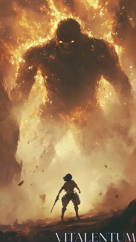 Lone warrior confronts towering fire demon in a ruined city