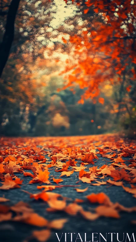 Shallow-depth autumn pathway renders crisp leaf-strewn foreground