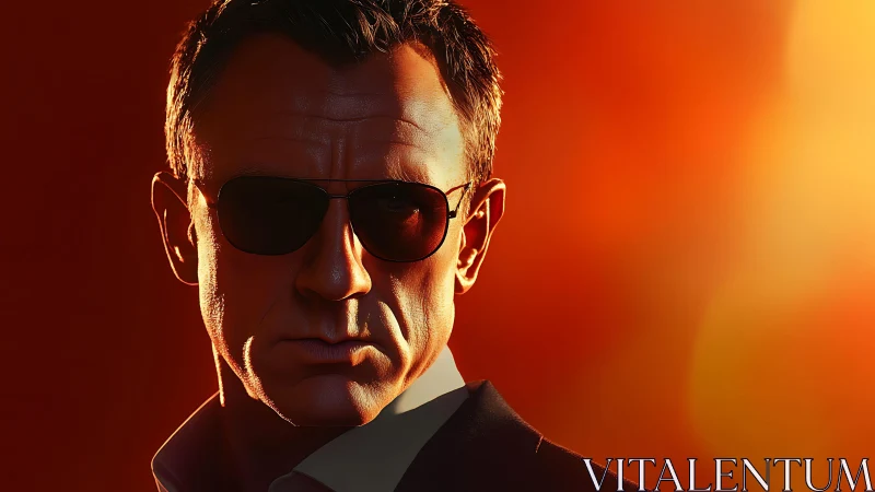 Smoldering agent portrait under cinematic orange glow.