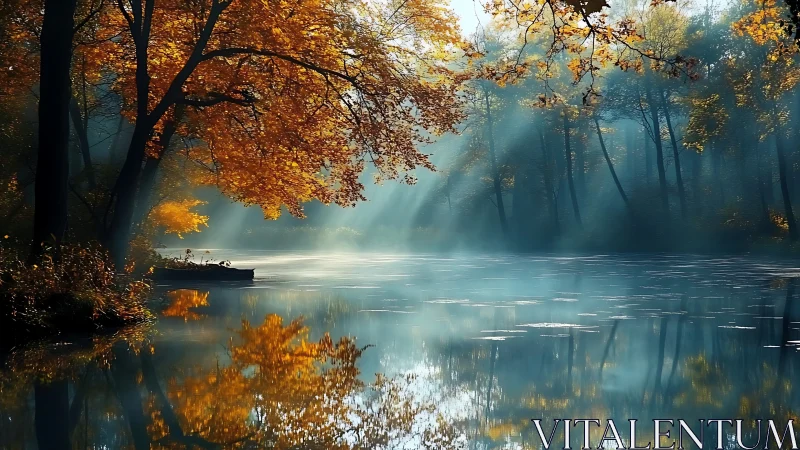 Golden autumn trees welcome soft mist over a still lake