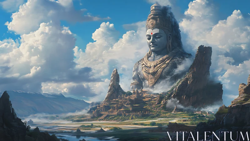 Mountain temple crowned by serene colossal deity in clouds.
