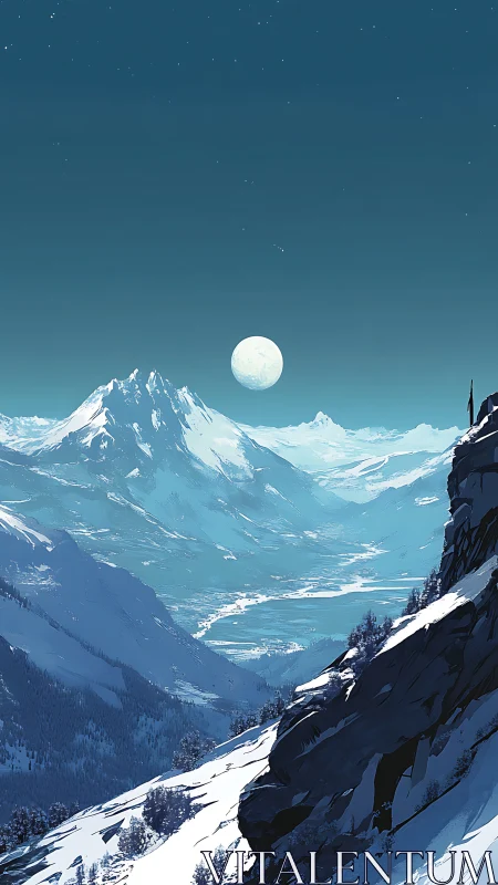 Lone figure gazes at moonlit peaks above a frozen valley.
