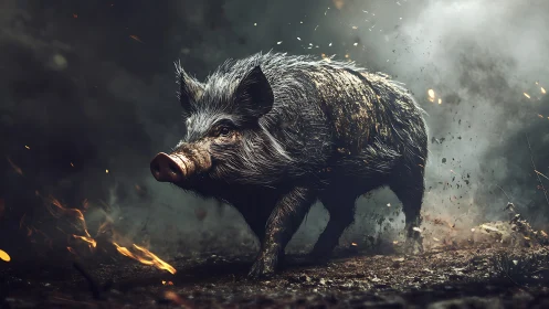 Wild boar charges through sparks in a dramatic forest inferno