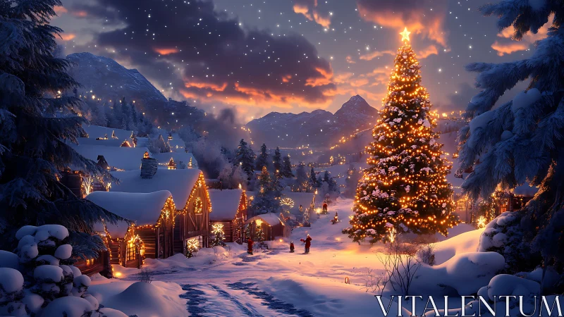 Snowy village glows under towering illuminated Christmas tree