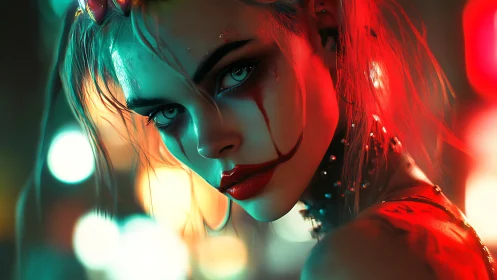 Cinematic neon portrait isolates clown makeup under bicolor rim light
