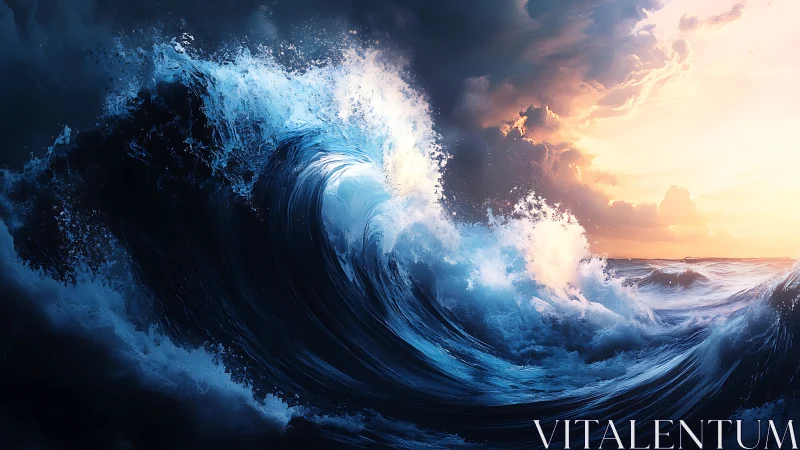 Digital painting of storm surge against radiant horizon sky.