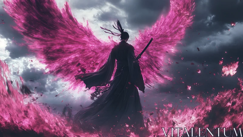 Backlit katana seraph amid magenta plasma wing ignition.