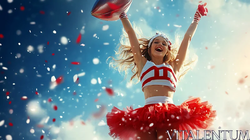 Cheerleader celebrates victory under confetti-filled sky.