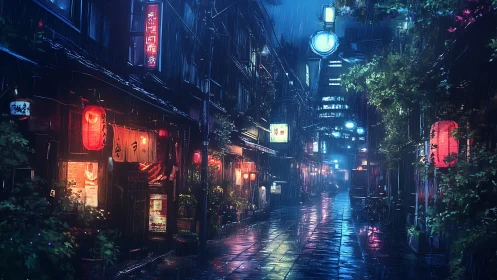 Cozy neon alleyway glowing softly in the gentle night rain.