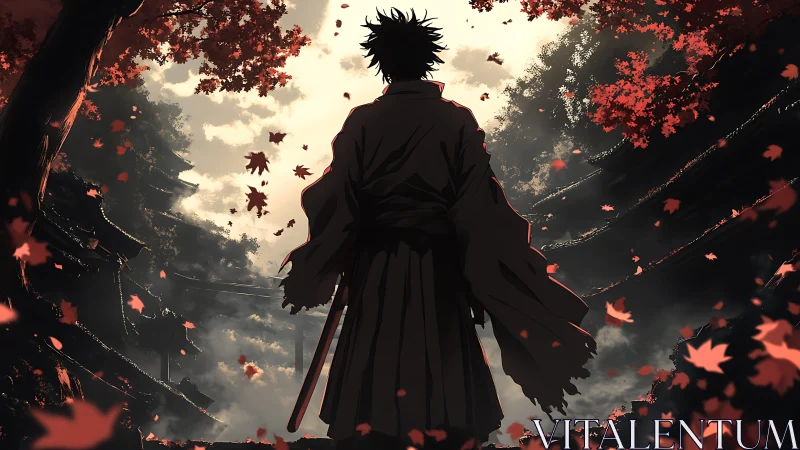 Lone samurai under autumn leaves in dramatic light.