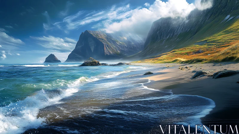 Storm-lit coastal cliffs curve toward luminous turquoise sea.