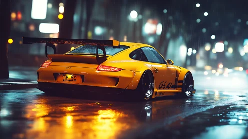 Neon rain crowns a yellow street racer with slick reflections