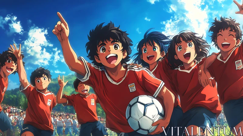 Youth soccer team celebrating victory under vivid blue sky.