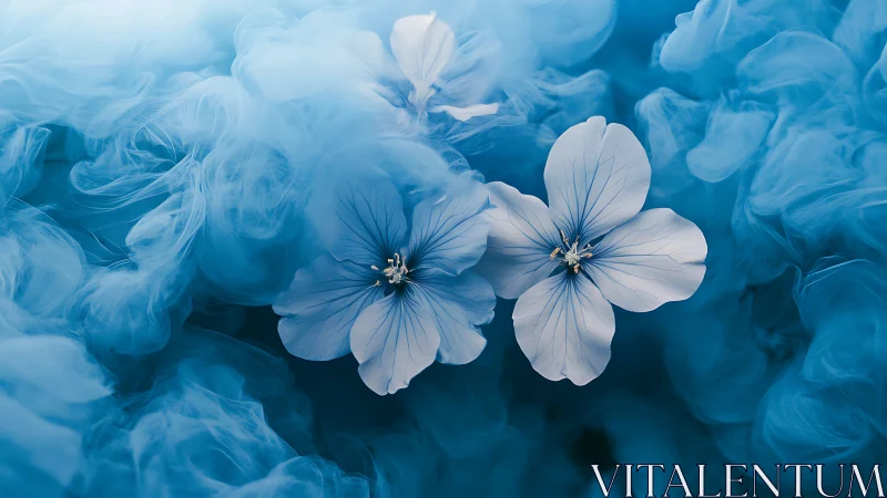 Blue Flowers in Ink Wash Composition.