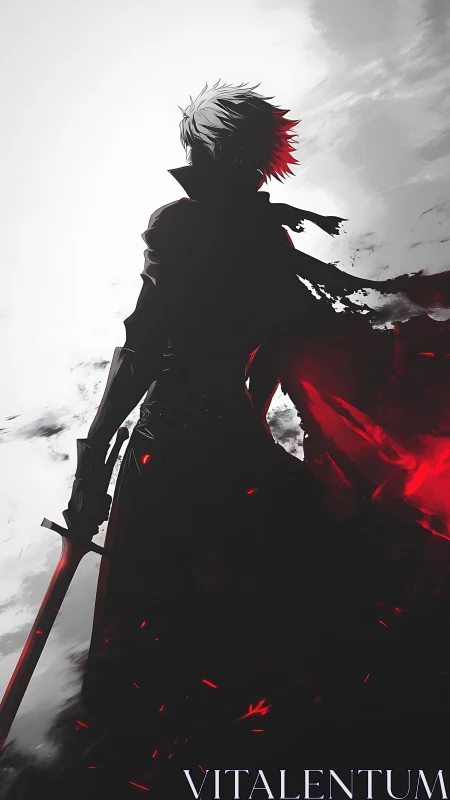 Sword-wielding figure stands in high contrast red and gray